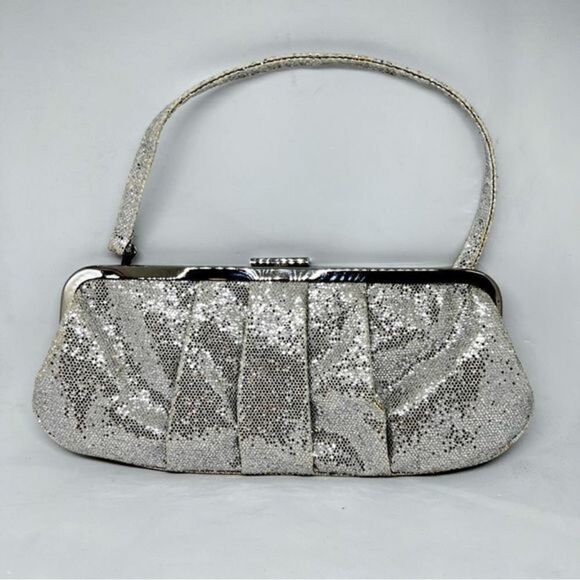 VINTAGE SILVER METALLIC HANDBAG EVENING GLITZ HINGE CLOSURE Shoulder Strap - Picture 3 of 6